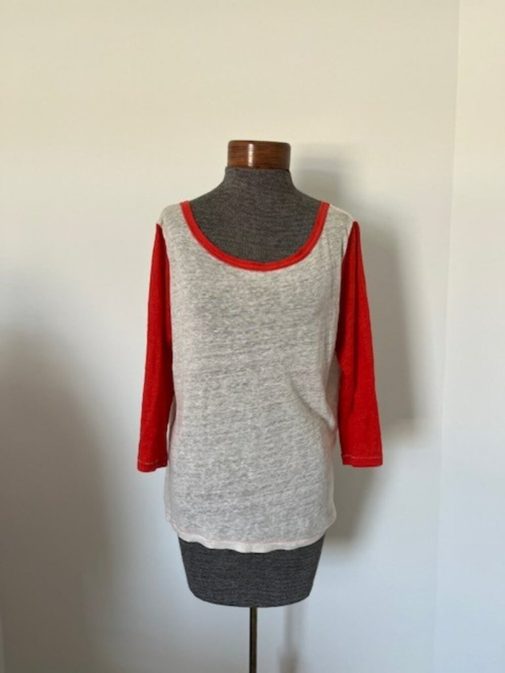 J.Crew Colorblock Linen Baseball Tee Small Red Ivory 3/4 Sleeve Top